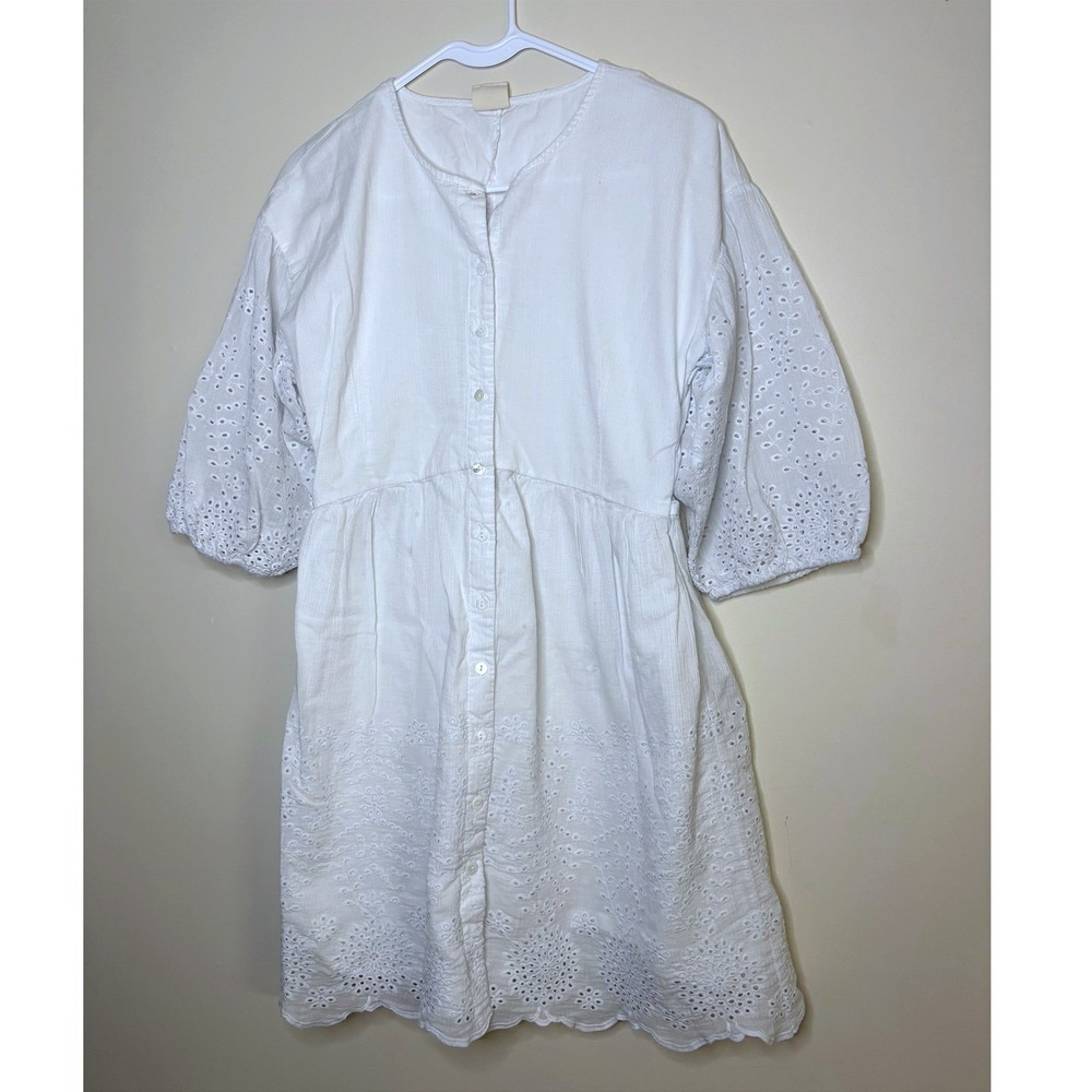 Good Hart by Matilda Jane White Eyelet‎ Button Front Dress Medium Balloon Sleeve